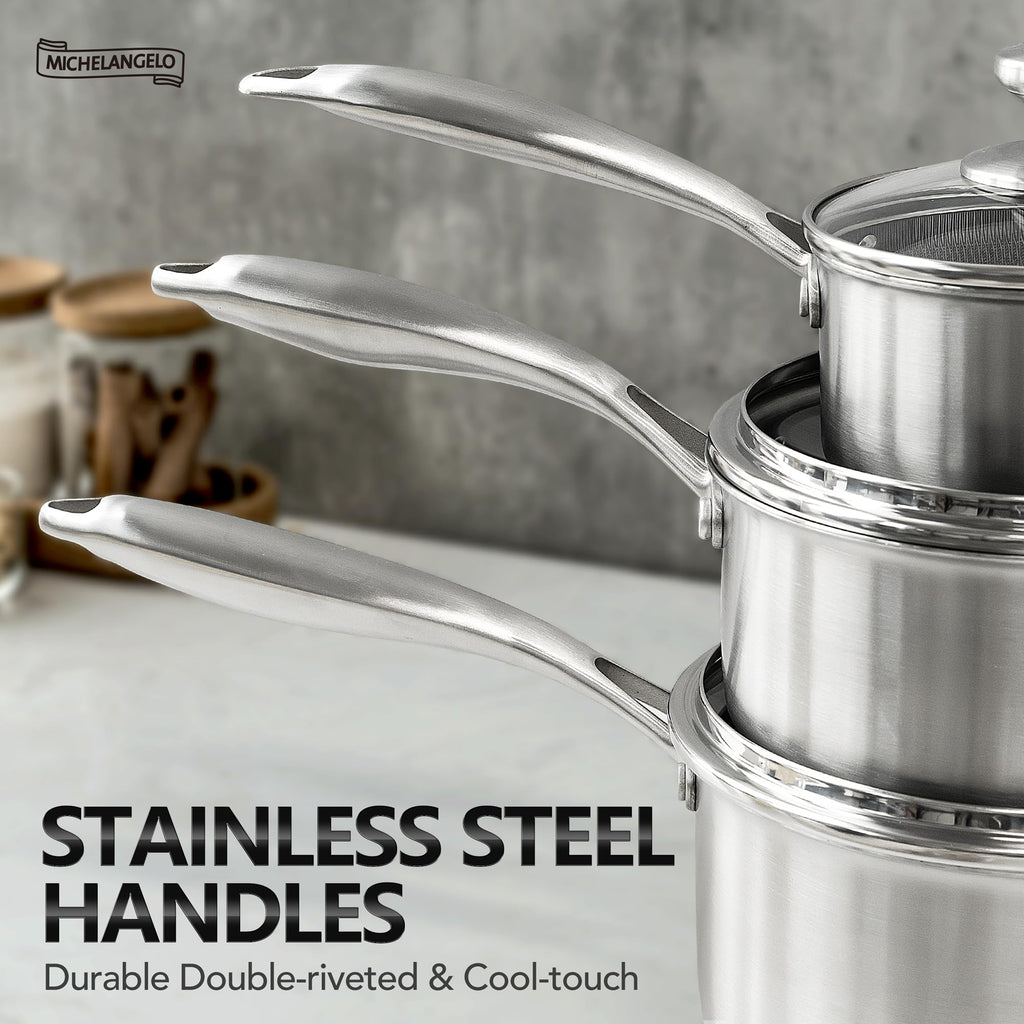 MICHELANGELO Triply Stainless Steel Pot Set, Hybrid Nonstick Saucepan Set with Lids, Induction Compatible Heavy Duty Sauce Pan 1QT & 2QT & 3QT, Honeycomb Interior, Dishwasher Safe Cookware - 6 Piece