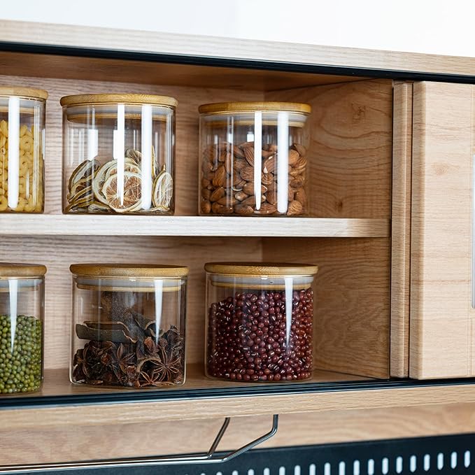 D2scrma 22oz Airtight Square Spice Containers with Bamboo Lid Set of 6 (650ml) Kitchen Pantry Organization Jar Stackable Spice Jar, for Sugar, Tea, Cookies and Coffee beans (‎with Black Lable)
