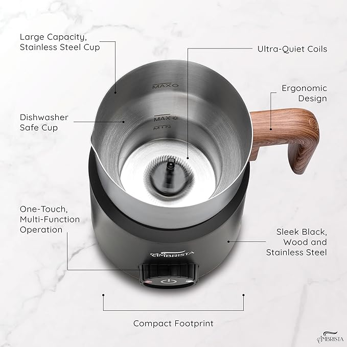 AMBRISTA All in One 16oz Stainless Steel Electric Milk Frother | Foam Maker for Coffee | Hot and Cold Froth, Heated Milk, Hot Chocolate and More | Dishwasher Safe and Easy to Clean