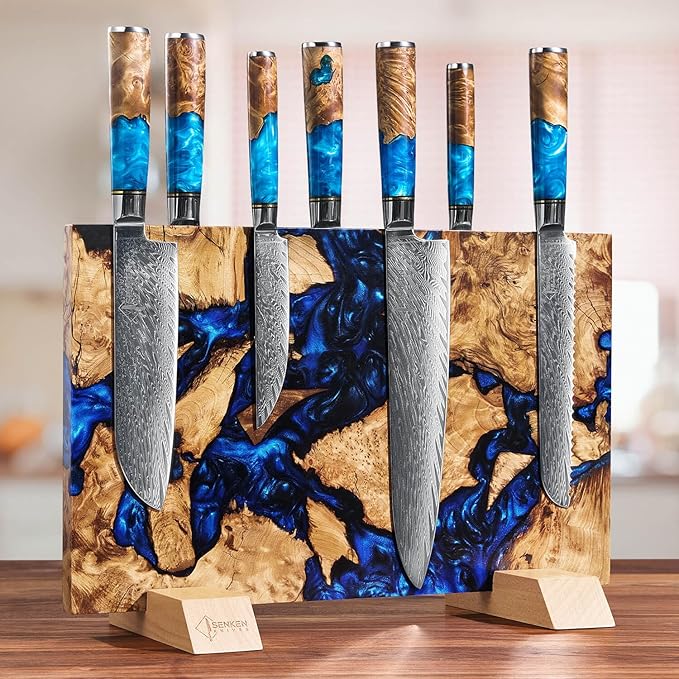 SENKEN "Dark Tsunami" Extra Large Magnetic Knife Block - Holds Up to 16 Knives - Knife Block without Knives, Beautiful Dark Blue Resin Burl Wood Blend Knife Holder ("Dark Tsunami " Blue Resin Blend)