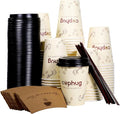 cuphug 12 oz Disposable Coffee Cups with Lids, Sleeves and Straws 100Pack, Thickened Leak-Proof Insulated Paper Cups for Hot Drinks, Home, Office, Cafe, Party