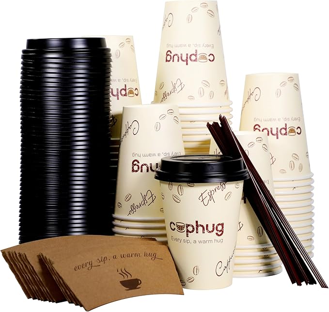 cuphug 12 oz Disposable Coffee Cups with Lids, Sleeves and Straws 100Pack, Thickened Leak-Proof Insulated Paper Cups for Hot Drinks, Home, Office, Cafe, Party
