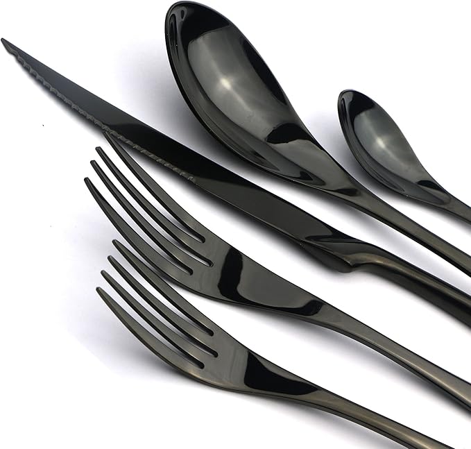 JANKNG 5-Piece 18/10 Stainless Steel Serrated Steak Knife Flatware Set, Mirror Polishing Black, Service for 1