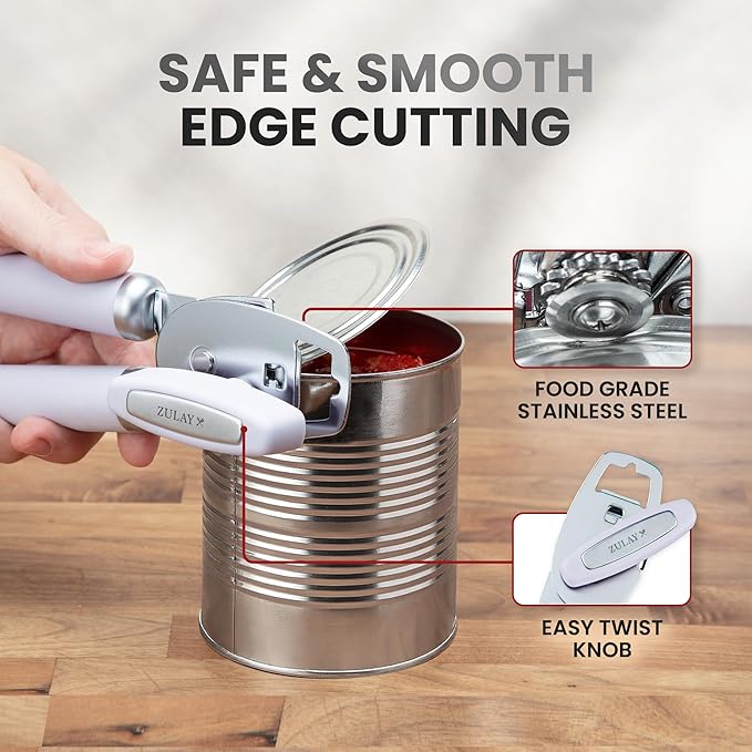Zulay Kitchen Heavy Duty Stainless Steel Can Opener Manual with Bottle Opener - Rust Proof Manual Can Opener With Turn Knob & Comfy Soft Grip Handles - Airy Lilac