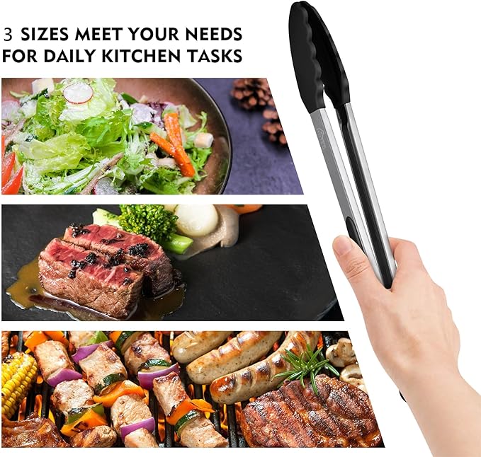 HOTEC Premium Stainless Steel Locking Kitchen Tongs with Silicon Tips, Heat Resistant Cooking Tongs Set of 3-7", 9" and 12", Black