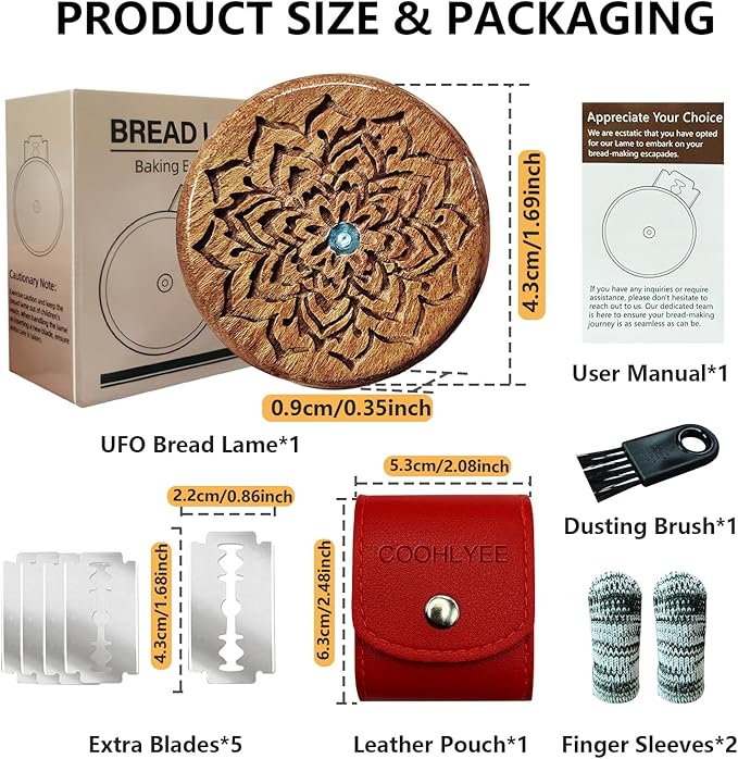 Upgraded 3D Carved UFO Bread Lame for Sourdough, Wooden Sourdough Scoring Tool with Recessed Mandala Pattern, PU Storage Case, 5 Replaceable Blades & Finger Protectors, Bread Scorer for Homemade Bread