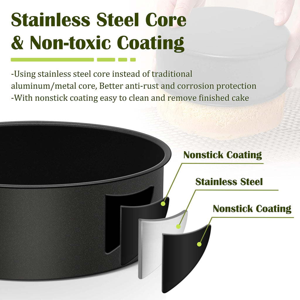 E-far 8 x 3 Inch Cake Pan Set of 3, Nonstick Stainless Steel Round Cake Pans Tin for Baking Birthday Wedding Layer Cakes, Stainless Steel Core & Non-toxic Coating, Deep & Straight Side