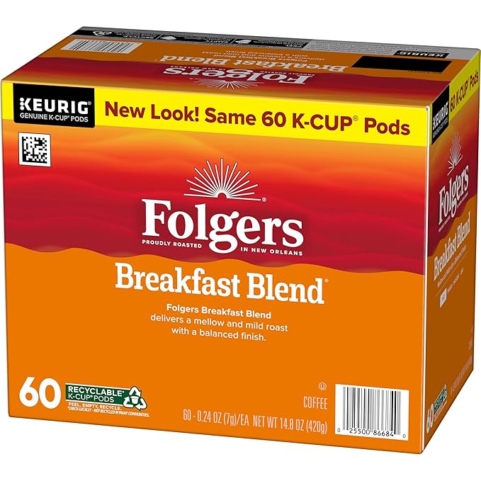 Folgers Breakfast Blend Coffee, Mild Roast, Keurig K-Cup Pods, 60 Count