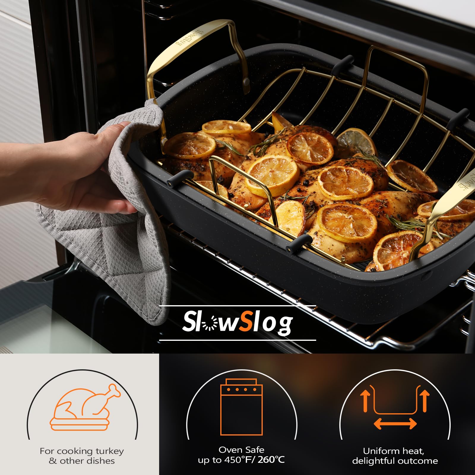 Turkey Roasting Pan, 17x13 Inch Roaster with Removable Rack, Black&Gold