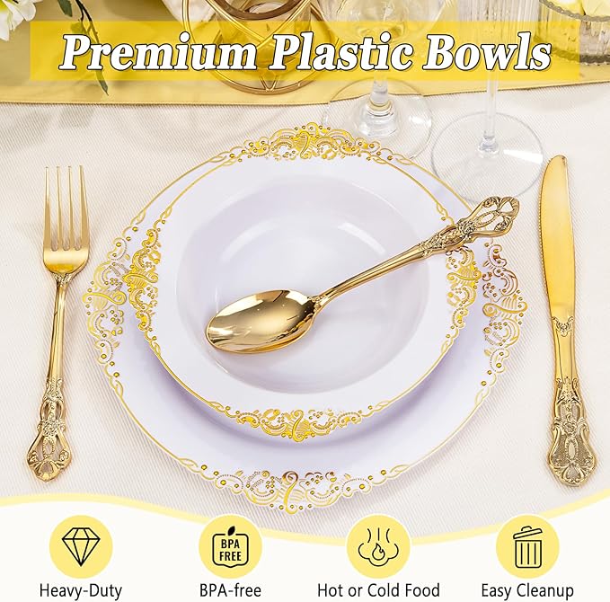 Joyido 100PCS Gold Plastic Bowls - 12 oz White Disposable Salad Bowls - Heavy Duty Soup Serving Bowl - Fancy Plastic Ice Cream Bowl for Parties, Dinners, Catering, Picnics