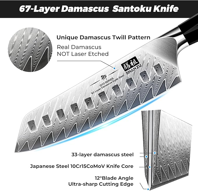 SHAN ZU Damascus Chef Knife Santoku Knife 7 Inch