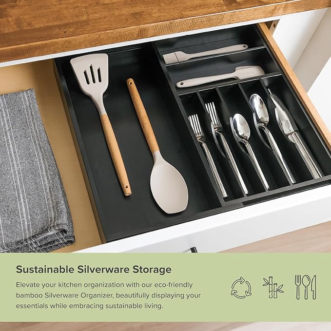 KitchenEdge Silverware & Utensil Drawer Organizer, 10.5-19 in, Black Bamboo