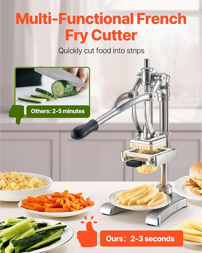 VEVOR French Fry Cutter, Ergonomic Potato Slicer with 3 Blades (1/2", 3/8", 1/4") & Juicer Plate, Easy-Replace Vegetable Chopper Dicer for Carrot, Onion, Lemon, Ideal for Home & Commercial Kitchens
