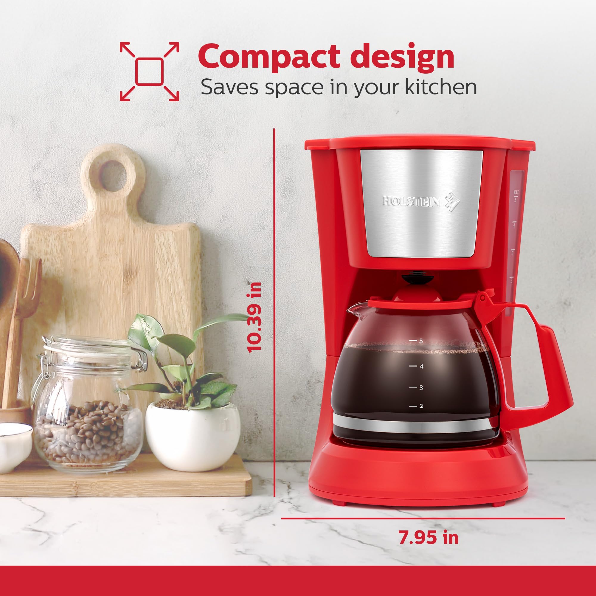 Holstein Housewares 5 Cup Drip Coffee Maker – Compact and User-Friendly with Auto Pause & Serve, Reusable Filter, Measuring Spoon & Glass Carafe, Office & Dorm Use, Red