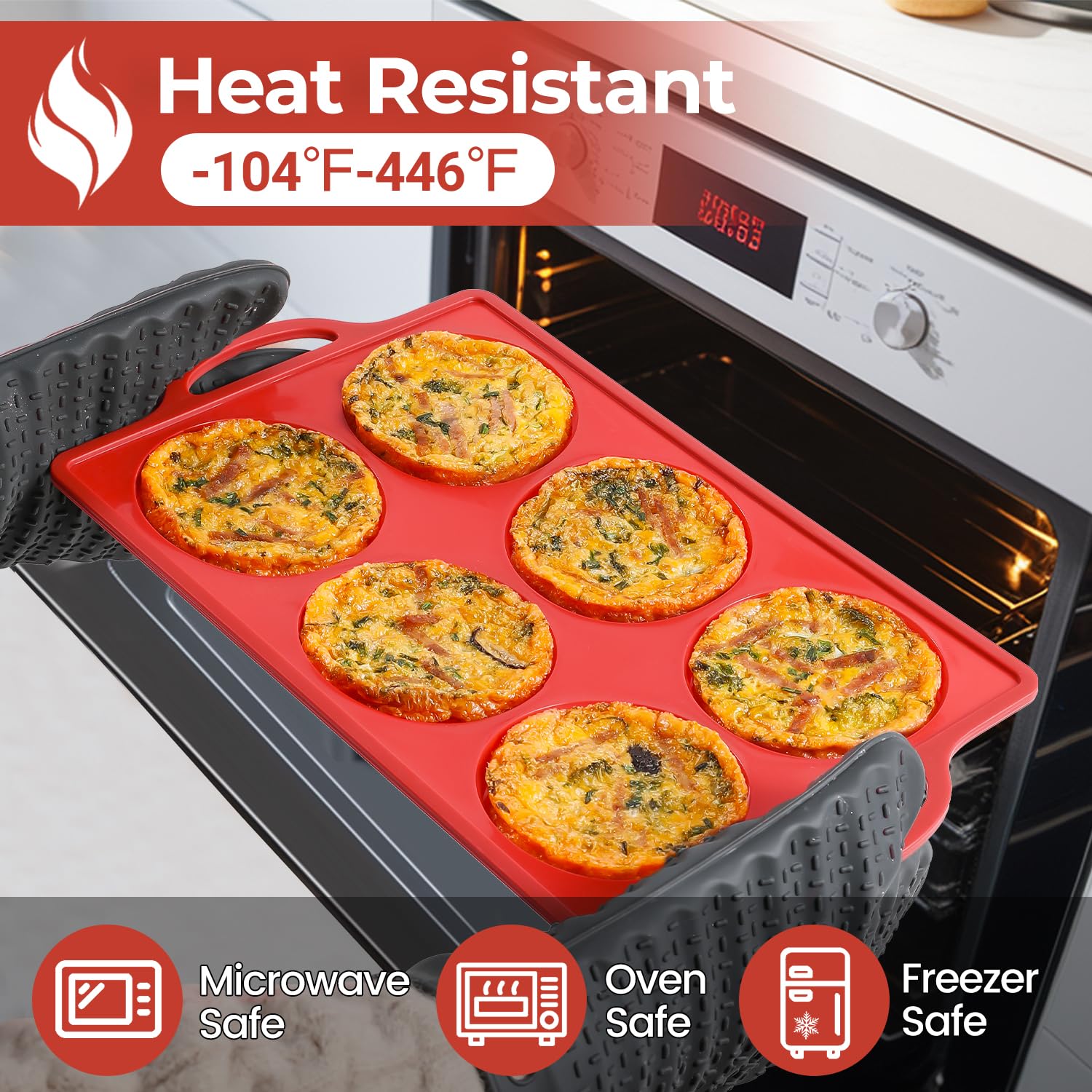 CAKETIME Muffin Top Pan Non Stick, 4 Inch Metal Frame Round Silicone Egg Baking Pan for Oven English Muffins, Whoopie Pies, Corn Bread, Egg Bites, Breakfast Sandwiches Tarts 3 Pack Red