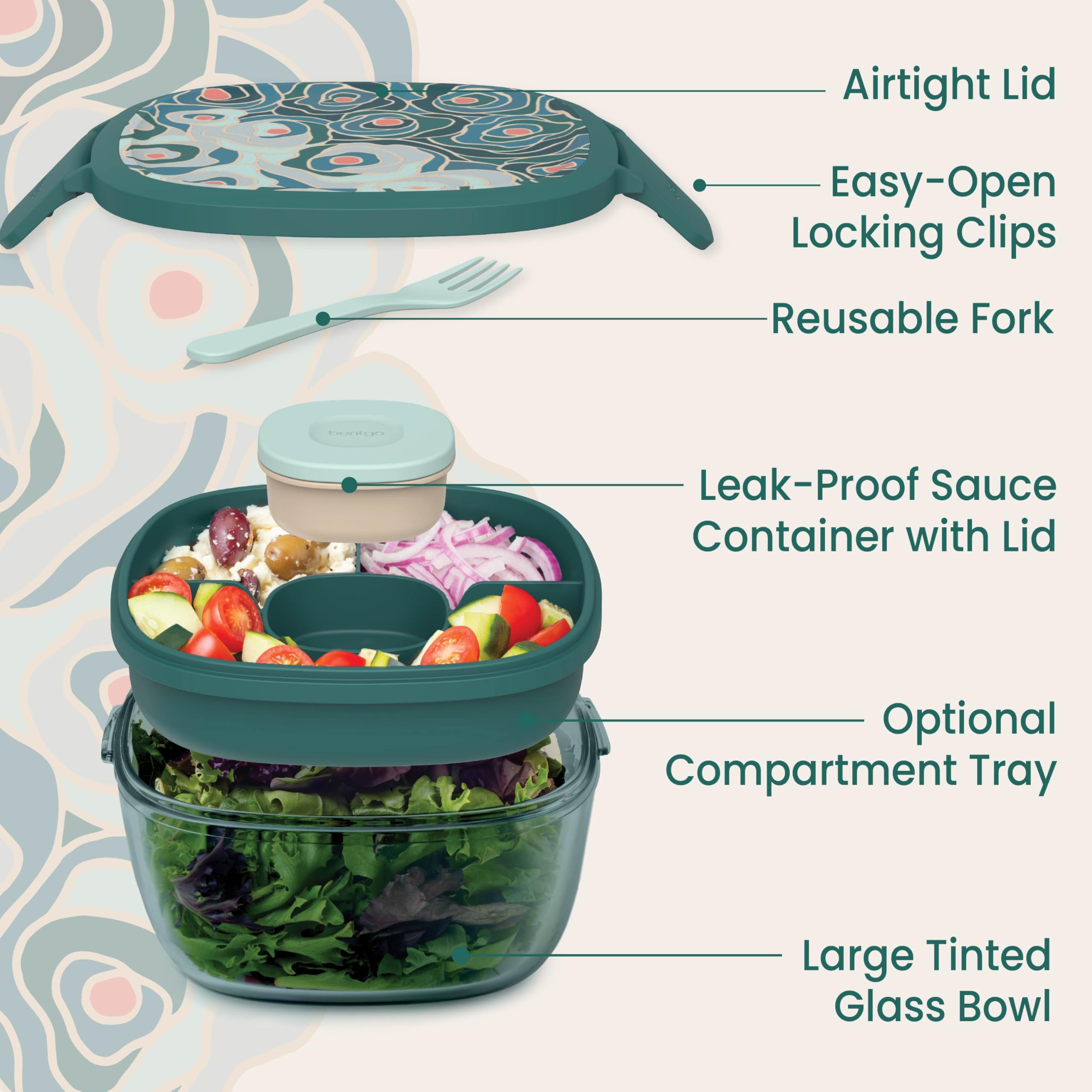 Bentgo Glass Prints Salad Container - 7.6-Cup Tinted Glass Salad Bowl with Airtight Lid, Leak-Proof Sauce Container, 4-Compartment Bento Meal Prep Tray & Reusable Fork (Floral Maximalist - Sea)