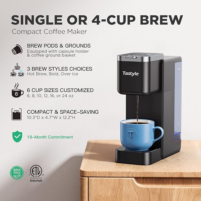 Single Serve Coffee Maker, Iced and Hot Coffee Machine for K Cup & Grounds, Compact Design, 40oz Removable Water Reservoir, 6 to 24 Oz Brew Sizes, Fits 7.3" Travel Mug, Black