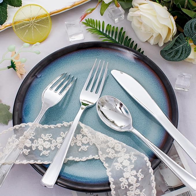 WDF 500PCS Silver Plastic Silverware - Plastic Silver Utensils - 250 Forks 125 Spoons 125 Knives - Heavy Duty Disposable Silverware Sets for Party Baby Shower Wedding Spring