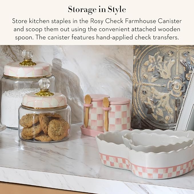 MACKENZIE-CHILDS Ceramic Farmhouse Canister, Versatile Kitchen Storage Container for Flour and Sugar, 26-Ounce Capacity, Pink-and-White Rosy Check