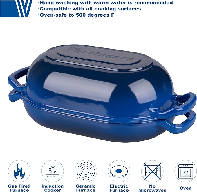 Enameled Cast Iron Sourdough Bread Oven, Dutch Oven, Loaf Cast Iron Bread Pan for Homemade Bread Baking, Meatloaf Pan with Lid, 7QT, Blue