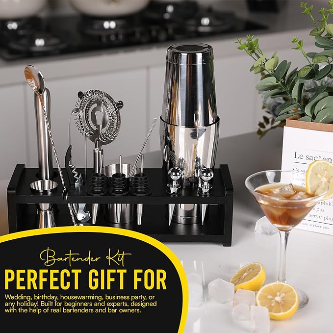 Nikleberry Premium 18-Piece Bartender Kit - Mixology Cocktail Shaker Set with Modern Bamboo Stand, Weighted Boston Shaker, Bar Mat & Recipe Book | 304 Stainless Steel Home Bar Accessories