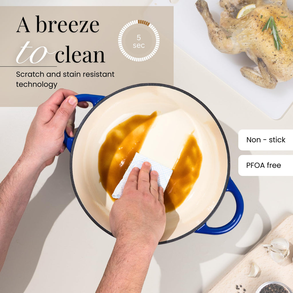 Nuovva Enamelled Cast Iron Dutch Oven Pot with Lid-6.4 Quart Non Stick Casserole Pot-Heavy Duty & Oven Safe up to 500° F for Bread Baking, Braising, Stews, Roasting - 28cm Dark Blue