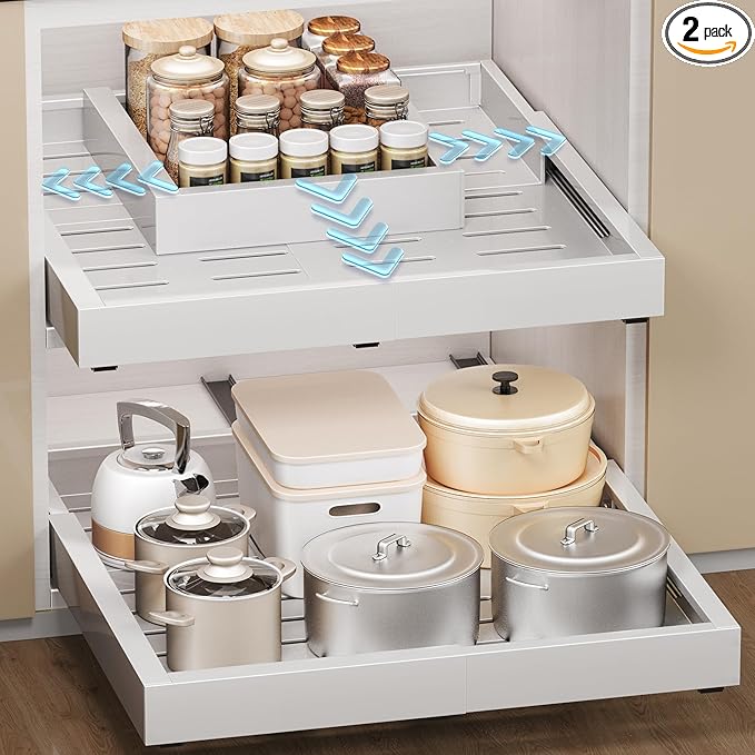 Makfoner 2 Pcs Pull Out Cabinet Organizers, Width (12"-19") and Depth (17"-23") Expandable With 3 Slides, No Drill Slide out Drawers Adhesive Film or Nail Cabinets Without Lip in Kitchen, Bathroom