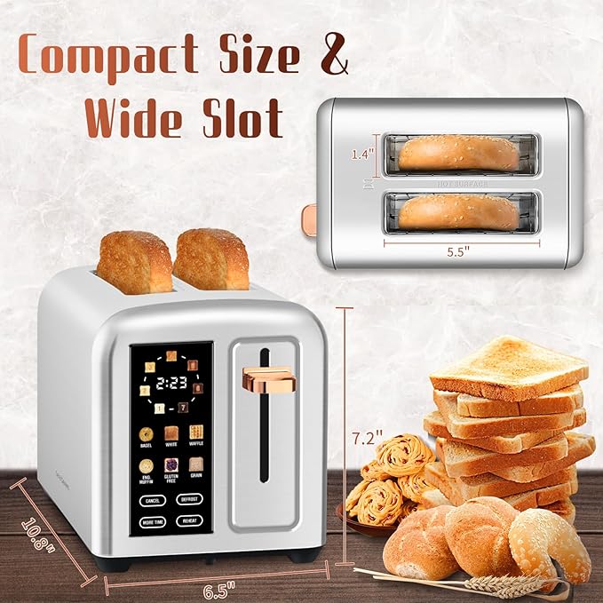 SEEDEEM 2-Slice Touchscreen Toaster, Stainless, 7 Shade, 1350W, Silver