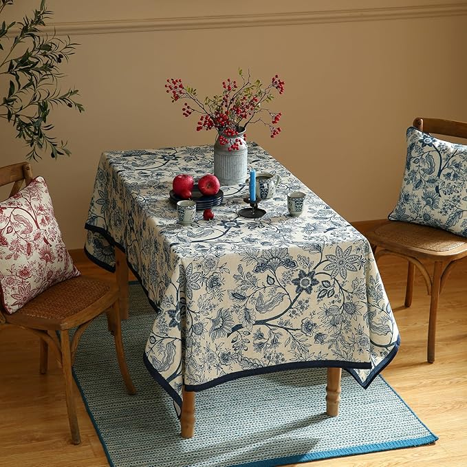ISAENNE Designer Vintage Linen Rectangular Tablecloth,94"x63"-Ruyi B