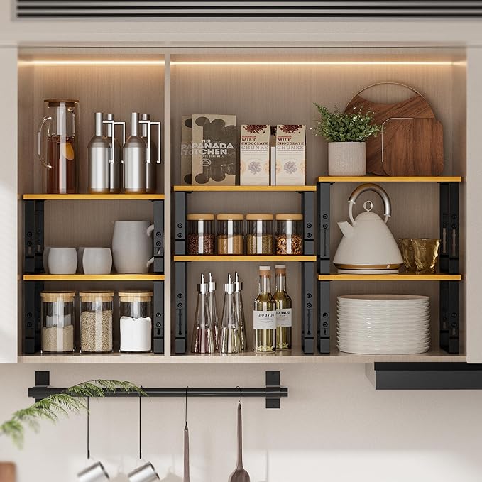 Wobmmi Kitchen Cabinet Organization Shelf，Set of 2 Height Adjustable Storage Racks，Stackable，Expandable，Countertop Shelves Organizer，Pantry Shelving（2PACKS/Medium/Black