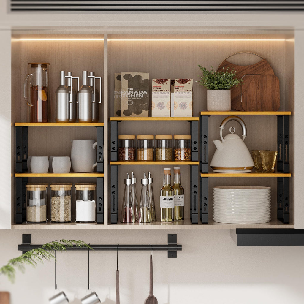 Wobmmi Kitchen Cabinet Organization Shelf，Set of 2 Height Adjustable Storage Racks，Stackable，Expandable，Countertop Shelves Organizer，Pantry Shelving（2PACKS/Medium/Black