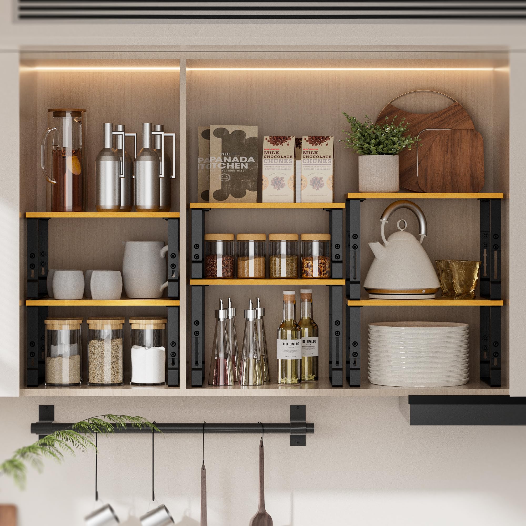 Wobmmi Kitchen Cabinet Organization Shelf，Set of 2 Height Adjustable Storage Racks，Stackable，Expandable，Countertop Shelves Organizer，Pantry Shelving（2PACKS/Medium/Black
