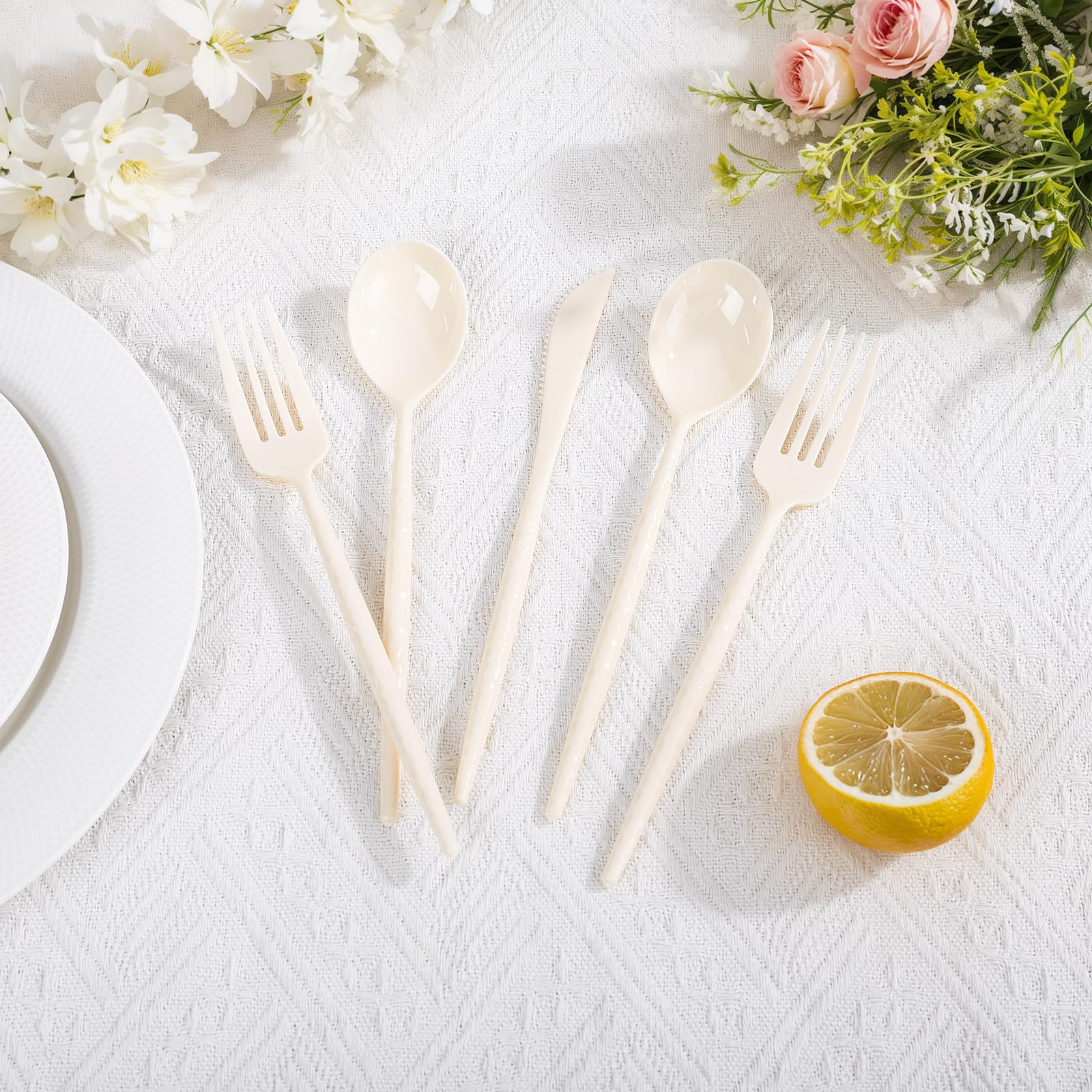 LIYH 150 Pcs Ivory Plastic Cutlery Sets - Ivory Plastic Silverware Heavyduty, Disposable Utensil Sets, 50 of Each Forks, Knives & Spoons Flatware Set for Party Birthday