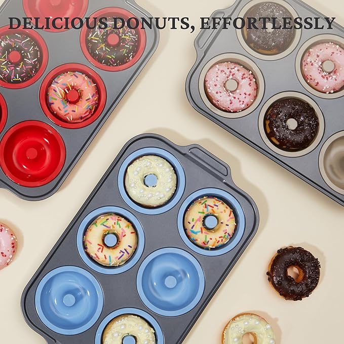 BRONYPRO Silicone Donut Pan for Baking with Metal Reinforced Frame, 6-Cavity Nonstick Doughnut Mold, Large Donut Size, Food-Grade Bakeware, Oven Dishwasher Freezer Safe, Gray