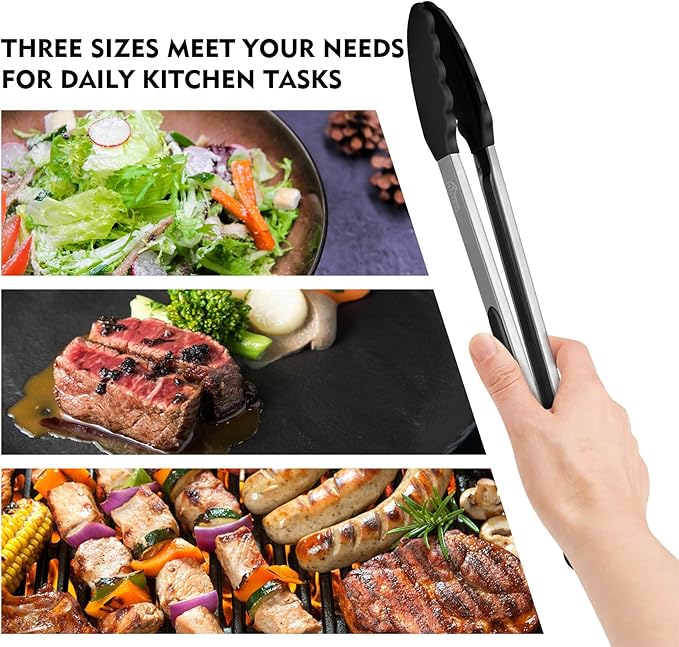 HOTEC Premium Stainless Steel Locking Kitchen Tongs with Silicon Tips, Set of 3-7", 9" and 12", Black, Grey, White