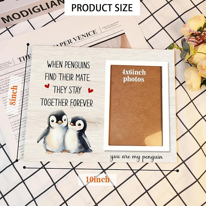 Penguin Photo Frame Gift, Engagement Picture Frame, Wedding Gifts for Couple, Valentine's Gift for Him Her, Anniversary Couple, fits 4x6 Photo, When Penguins Find Their Mate They Stay Together Forever