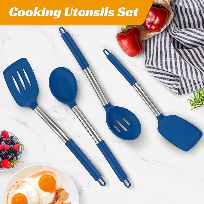 YASUEBI Kitchen Utensils Silicone Cooking Utensils Set for Nonstick Cookware Silicone Cooking Kitchen Utensils Set Perfect for Baking and Mixing Spatula Set BPA Free Dishwasher Safe Blue 4 Pack