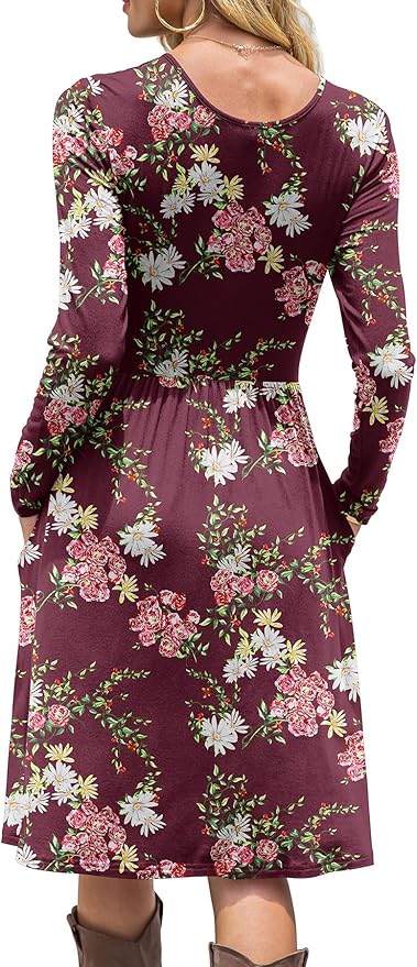 DB MOON Women Casual Long Sleeve Dresses Empire Waist Loose Dress with Pockets (Flower Wine Red, M)
