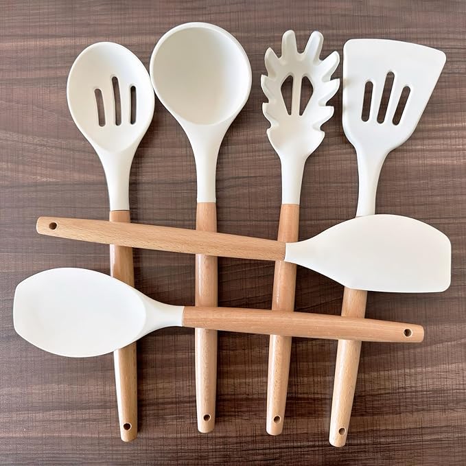 IOCBYHZ Kitchen Cooking Utensils Set 6Pcs Non-Stick Silicone Kitchen Utensils Spatula Spoon Turner Ladle Pasta Server, Heat Resistant Wooden Handle Silicone Cooking Gadgets Sets for Cookware & Baking