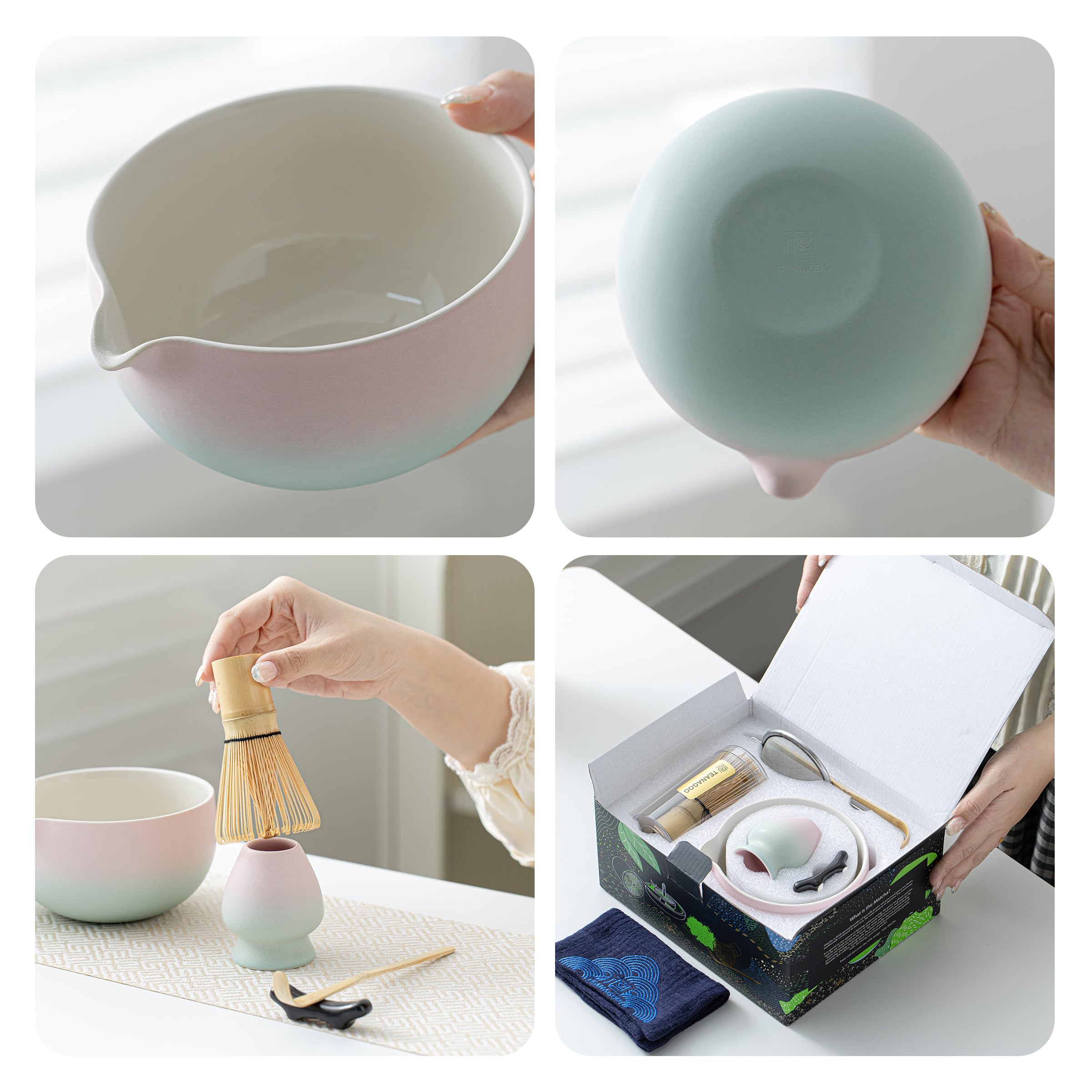 TEANAGOO Matcha Whisk Set Pink,Ceremony Matcha Set Kit Grident Pink,Matcha Tea Set for Making Breakfast/Latte,7 Pcs Matcha Whisk Set and Bowl with All Accessories,Gift for Family/Friend