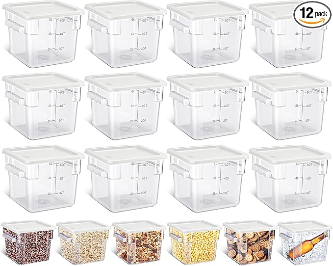 Yungyan 12 Pcs 6 Qt Commercial Food Storage Containers with white Lids Restaurant Square Airtight Food Storage Containers Clear Cereal Container for Kitchen Freezer Dishwasher Pantry