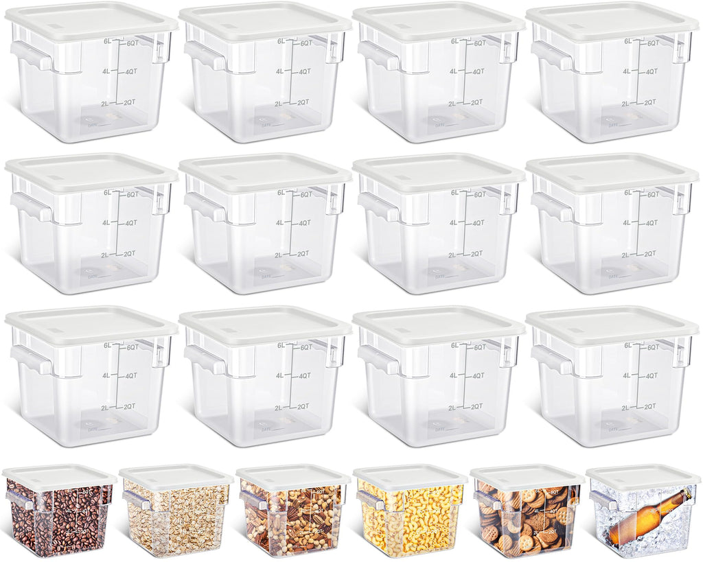 Yungyan 12 Pcs 6 Qt Commercial Food Storage Containers with white Lids Restaurant Square Airtight Food Storage Containers Clear Cereal Container for Kitchen Freezer Dishwasher Pantry
