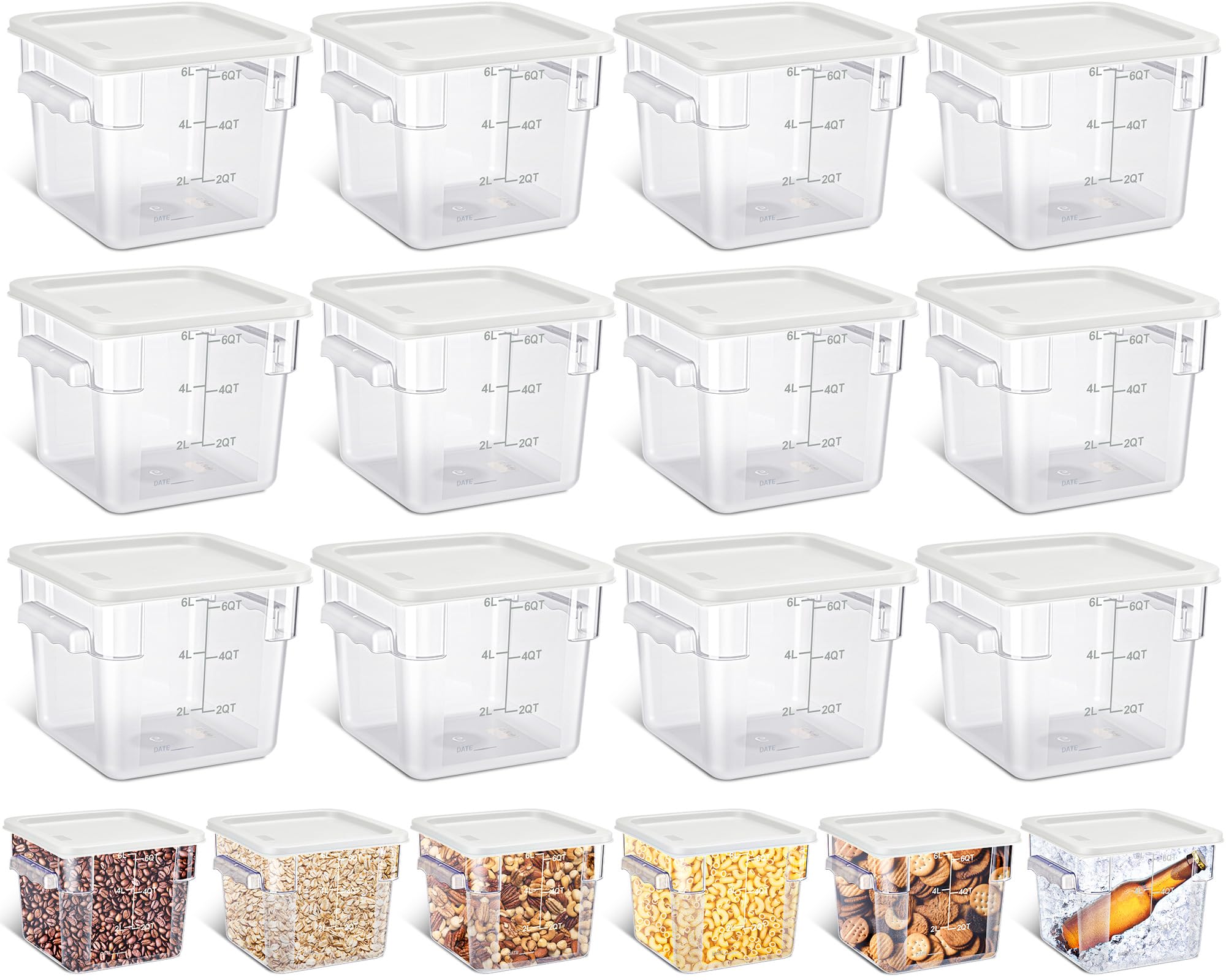 Yungyan 12 Pcs 6 Qt Commercial Food Storage Containers with white Lids Restaurant Square Airtight Food Storage Containers Clear Cereal Container for Kitchen Freezer Dishwasher Pantry