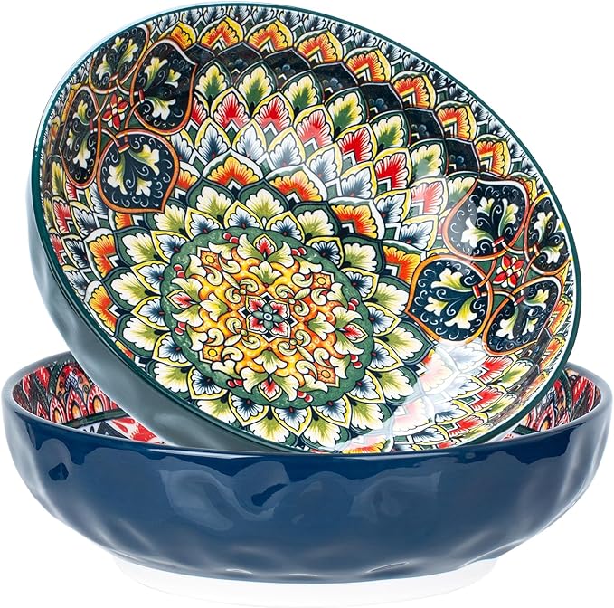 Ronanemon 75 Oz Serving Bowls,Bohemian Style Large Porcelain Dishes for Entertaining Parties,Big Bowls for Eating Soup, Salad, Pasta, Fruit, Chips, 10.3 Inch Diameter (blue.green)