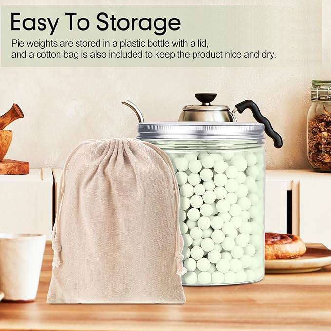 1 Pack 2 lb Light Green Pie Weights for Baking Crust Reusable Ceramic Blind Baking Beans Stoneware with 50 Pcs Disposable Parchment Paper Pie Liner Fit 8, 9, 10 Inch Dish with Storage Bottle and Bag