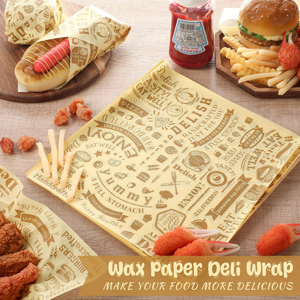 Outus 600 Pcs 12 x 12 Inch Deli Wax Paper Sheets Grease Resistant Tray Basket Liners Newsprint Paper Water and Grease Proof Sandwich Wrapping Square Hot Dog Wrappers for Food Baking (Light Yellow)