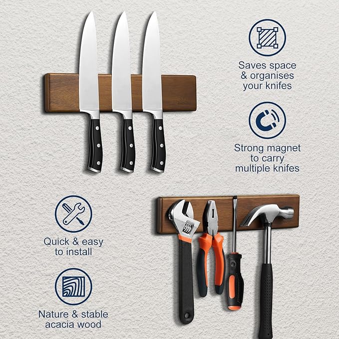 ENOKING 10Inch Magnetic Knife Holder for Refrigerator - Acacia Wood Knife Strip with Exquisite Gold-Foil Gift Box - Compact Knife Bar with 2 Hooks, No Drilling Solution