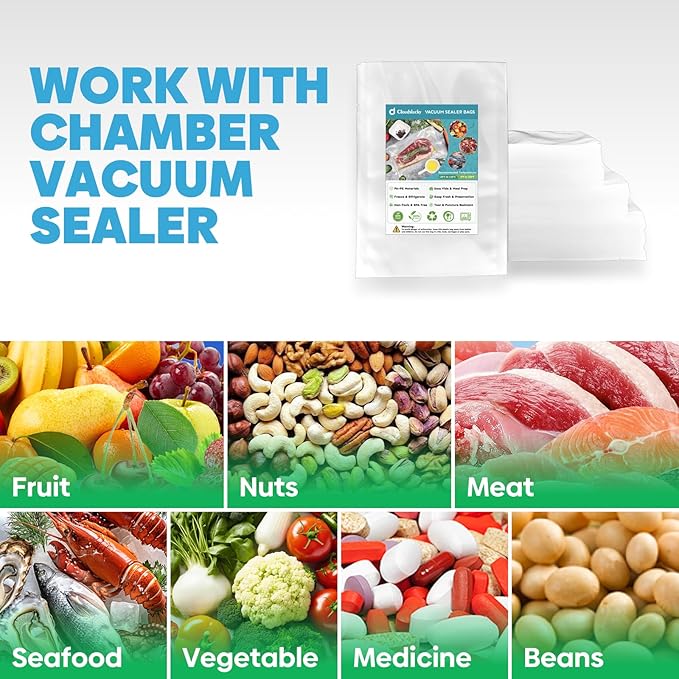 Cloudslucky Chamber Vacuum Sealer Bags,8"x10" 200 Pcs Pre-cut Chamber Machine Pouches,Heavy Duty Chamber Vacuum Bags for Commercial Sealer,Food Storage,Meal Prep,Sous Vide,Meat Cheese Goods, BPA Free