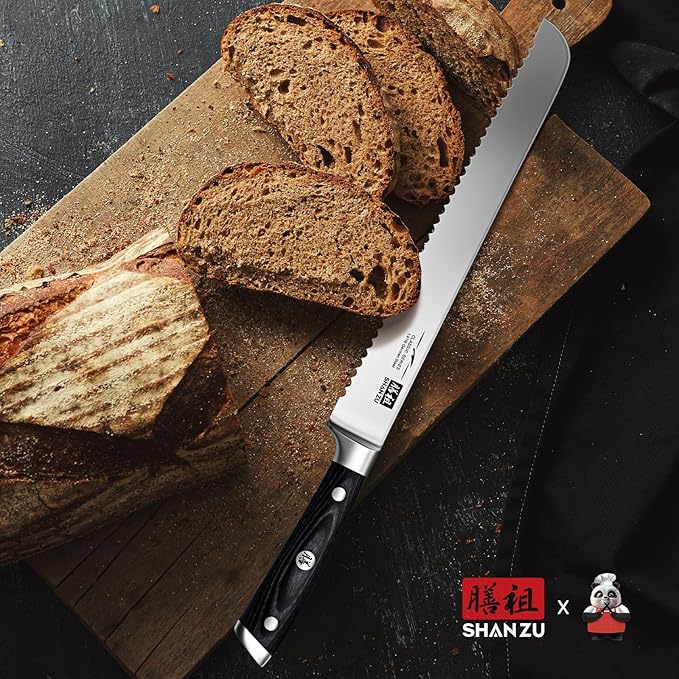 SHAN ZU 10-Inch Serrated Bread & Sourdough Knife with Wood Handle
