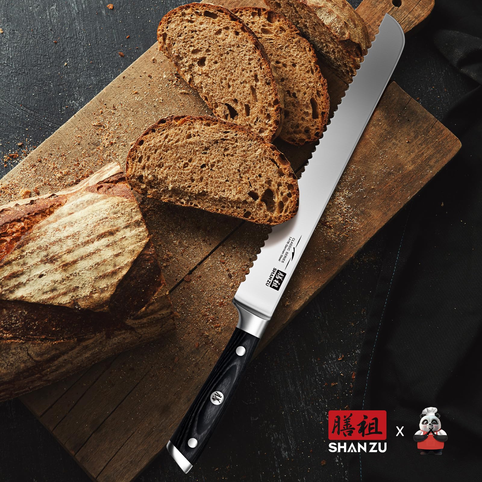 SHAN ZU 10-Inch Serrated Bread & Sourdough Knife with Wood Handle